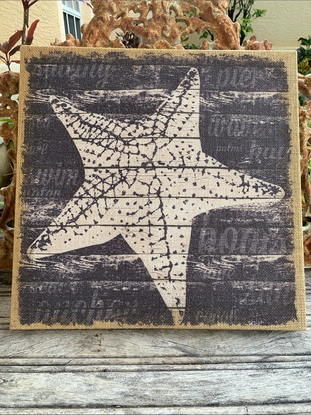 Nautical Starfish Canvas Wall Art in Beige and Dark Gray on Burlap